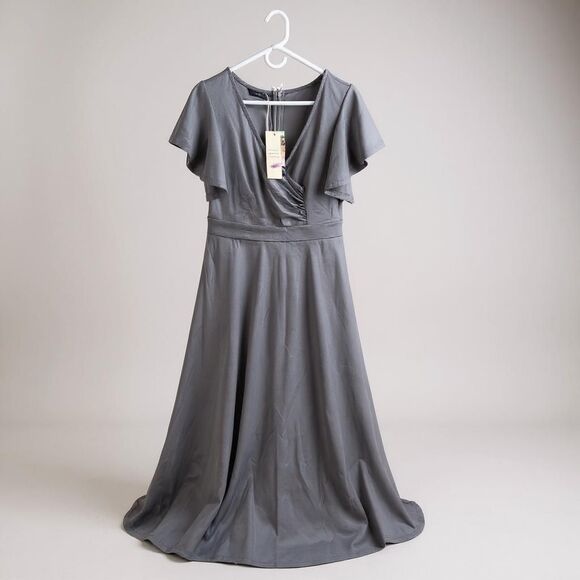 Dokotoo Women's Deep V Neck  Maxi Empire Waist Dress Medium Grey Short Sleeve - Picture 1 of 9